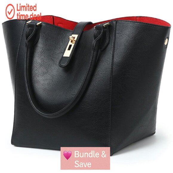 Large PU Leather Tote Bag with Removable Pouch & Crossbody Strap
